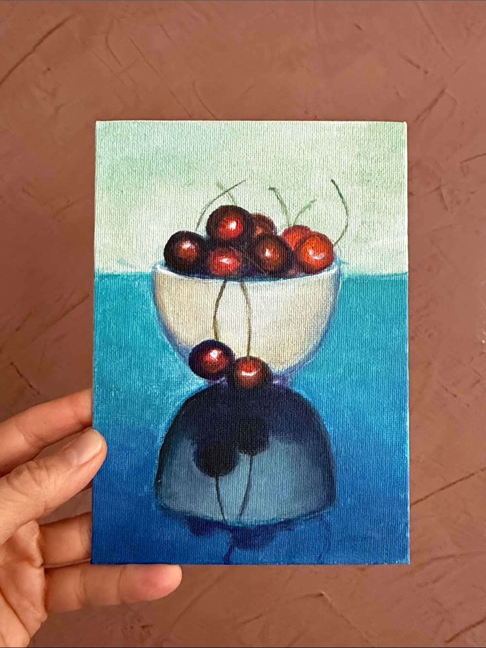 Hand-Painted Cherry Bowl Canvas Art - Blue & Red